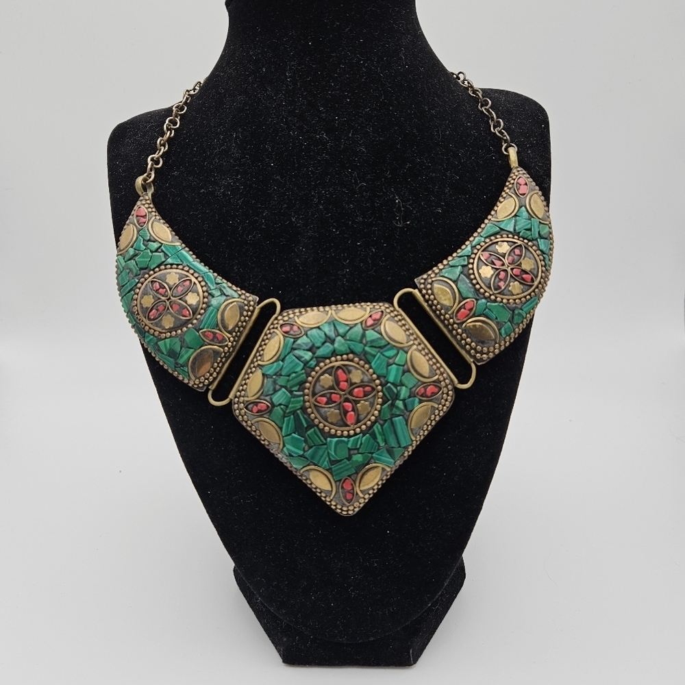 brass mosaic necklace green and red